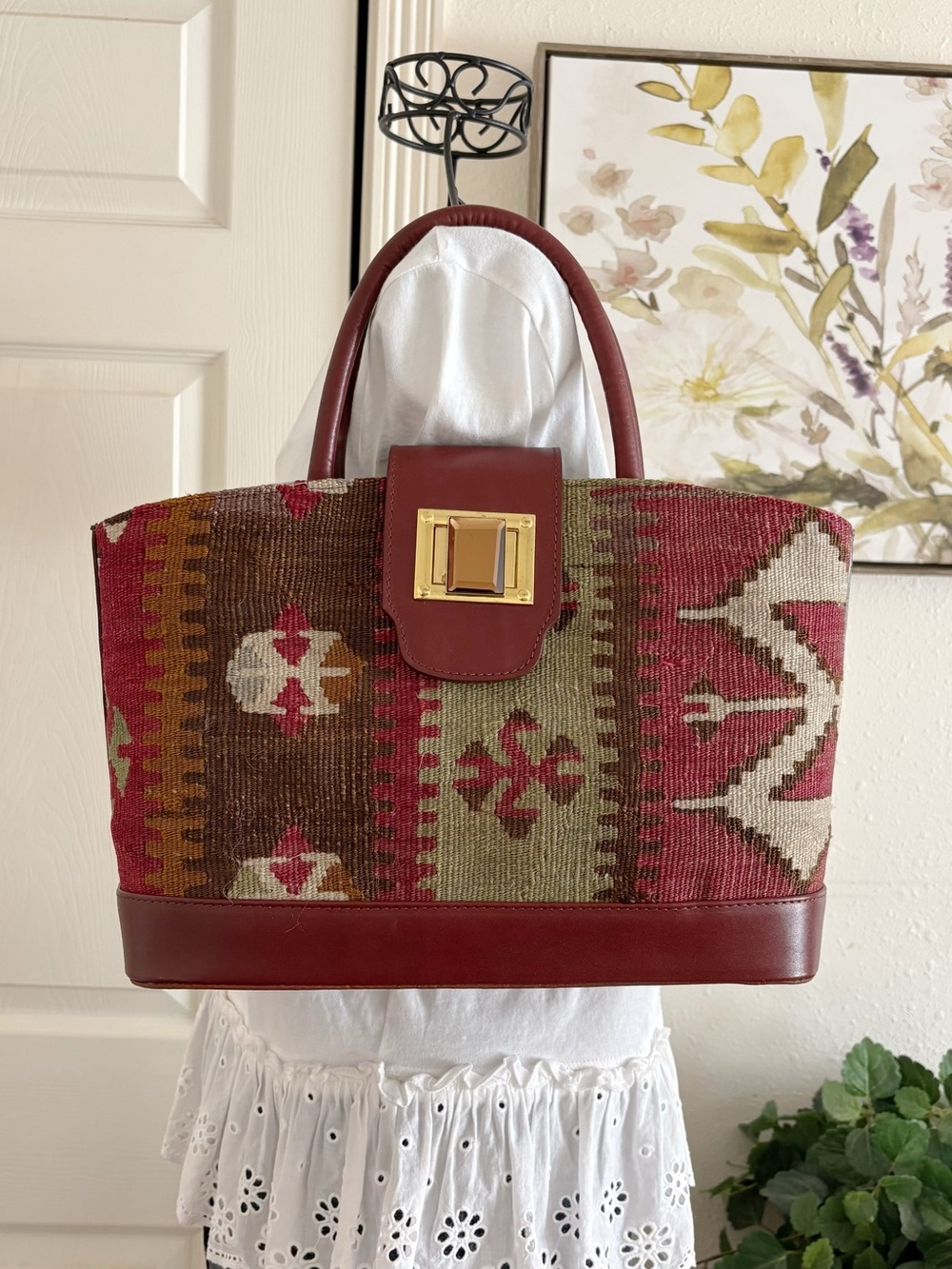 Red Kilim-Pattern Leather-Trim Tote